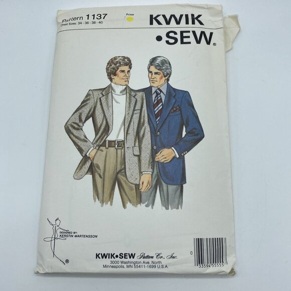 Kwik Sew 1137 Men’s Sport Coat Sewing Pattern Chest 34–40 Uncut 1981 Vintage - Picture 2 of 4
